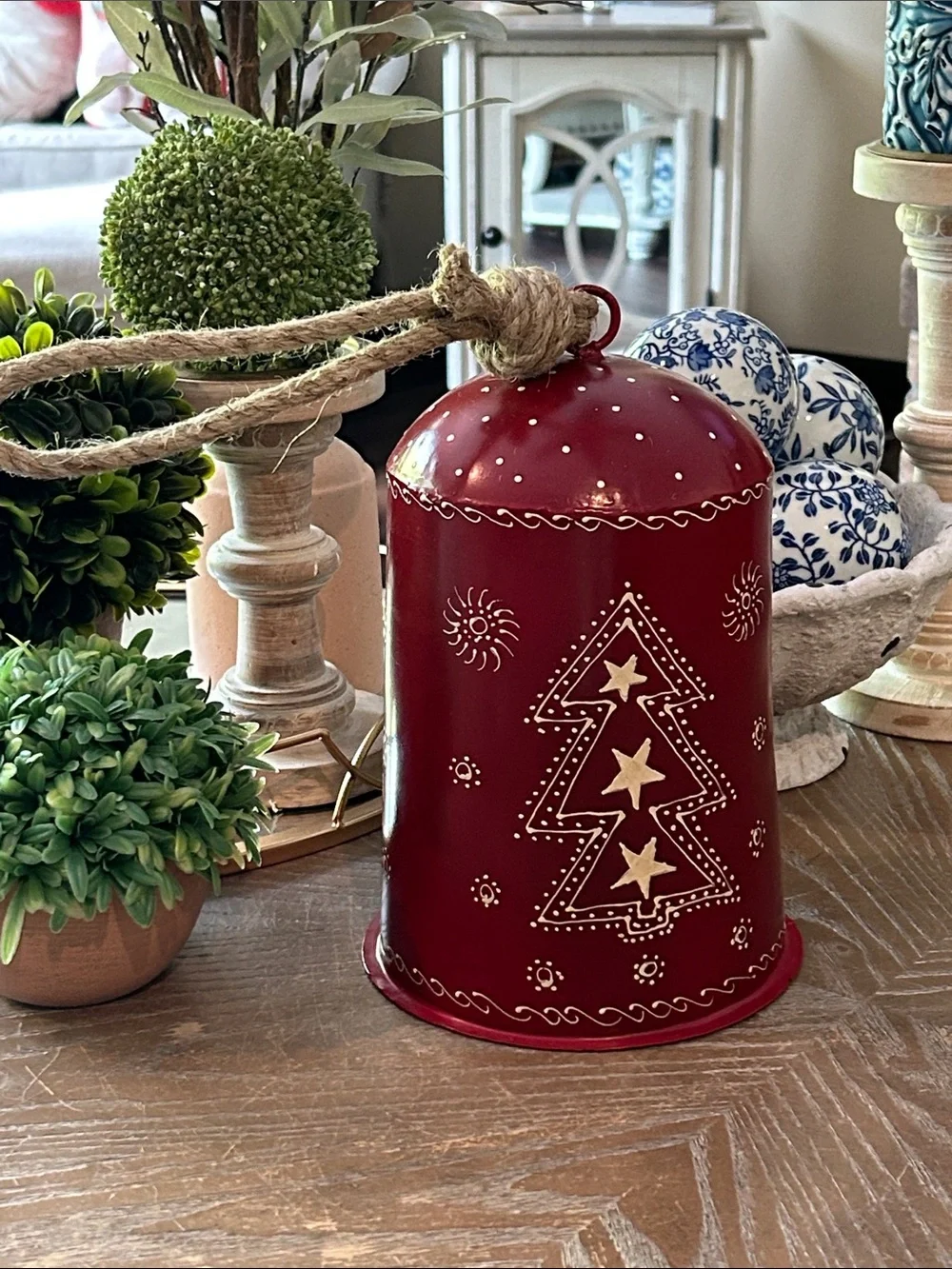 NEW! Vintage Inspired Winter Holiday Red Hand Painted Metal Bell Jute Rope